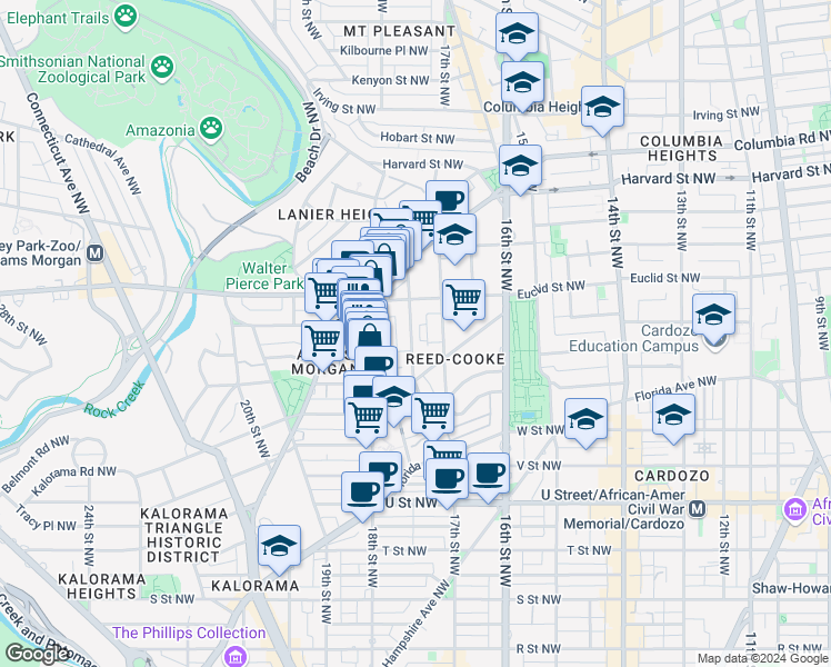 map of restaurants, bars, coffee shops, grocery stores, and more near 2429 Ontario Road Northwest in Washington