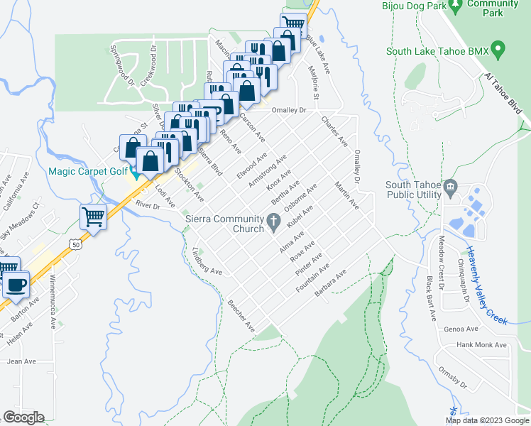 map of restaurants, bars, coffee shops, grocery stores, and more near 2560 Bertha Avenue in South Lake Tahoe