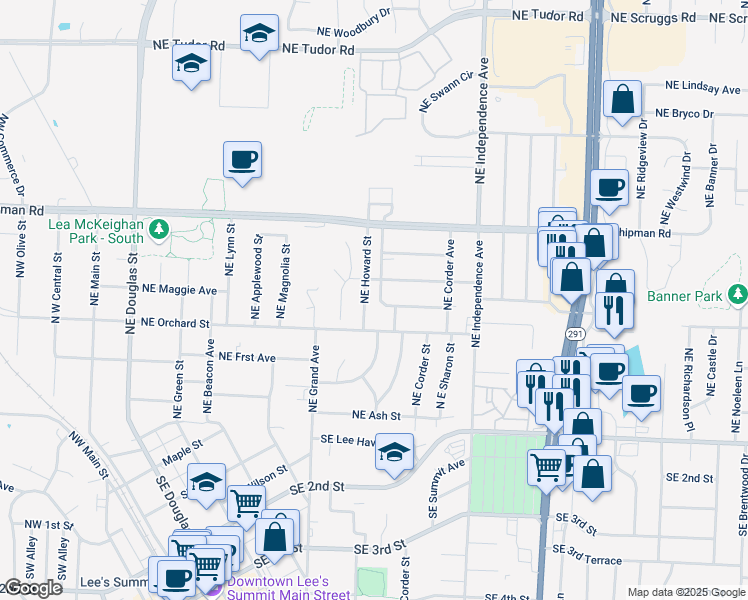 map of restaurants, bars, coffee shops, grocery stores, and more near 516 Northeast Florence Avenue in Lee's Summit
