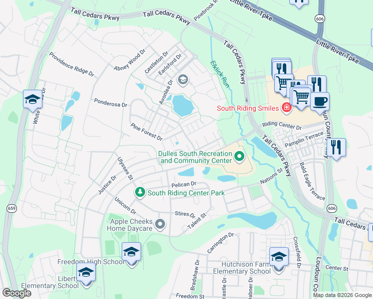 map of restaurants, bars, coffee shops, grocery stores, and more near 25029 Justice Dr in Chantilly