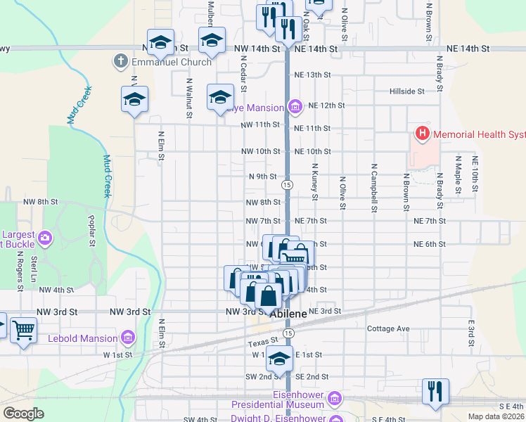 map of restaurants, bars, coffee shops, grocery stores, and more near 300 Northwest 7th Street in Abilene