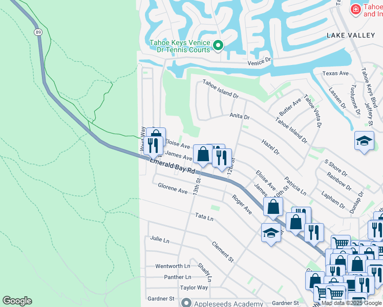 map of restaurants, bars, coffee shops, grocery stores, and more near 609 James Avenue in South Lake Tahoe