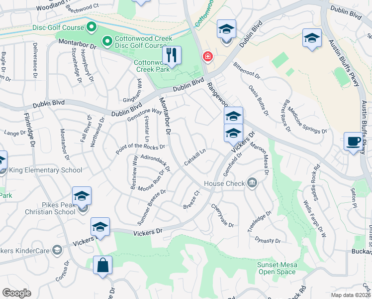 map of restaurants, bars, coffee shops, grocery stores, and more near 3950 Dolphin Circle in Colorado Springs