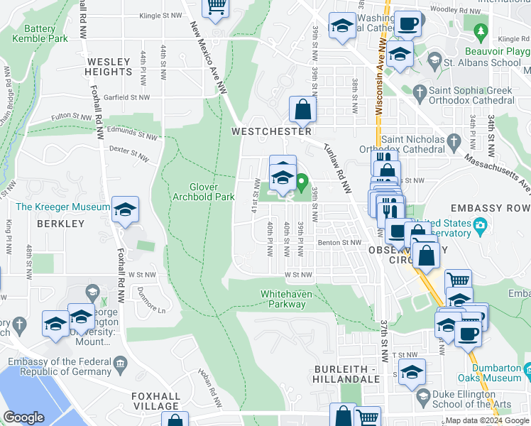 map of restaurants, bars, coffee shops, grocery stores, and more near 4021 Beecher Street Northwest in Washington