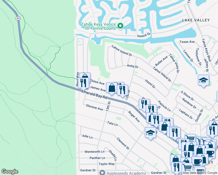 map of restaurants, bars, coffee shops, grocery stores, and more near 609 James Avenue in South Lake Tahoe