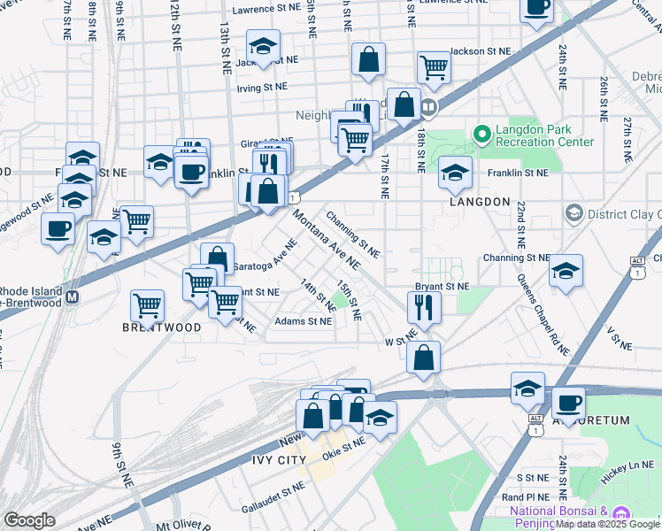 map of restaurants, bars, coffee shops, grocery stores, and more near 1507 Downing Street Northeast in Washington