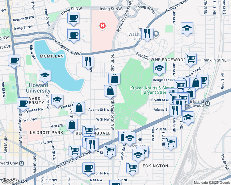 map of restaurants, bars, coffee shops, grocery stores, and more near 101 Independence Avenue Southeast in Washington