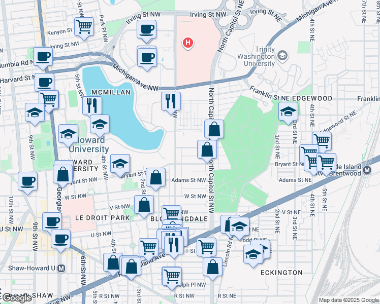 map of restaurants, bars, coffee shops, grocery stores, and more near 101 Independence Avenue Southeast in Washington