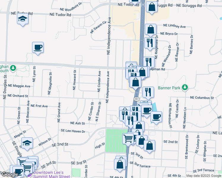 map of restaurants, bars, coffee shops, grocery stores, and more near 801 Northeast Columbus Street in Lee's Summit