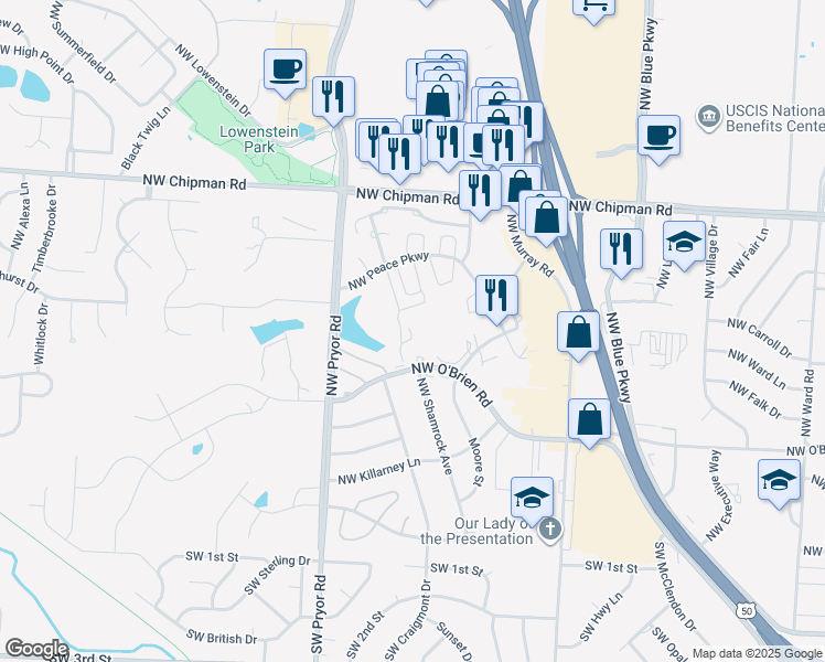 map of restaurants, bars, coffee shops, grocery stores, and more near 451-599 Northwest Shamrock Avenue in Lee's Summit