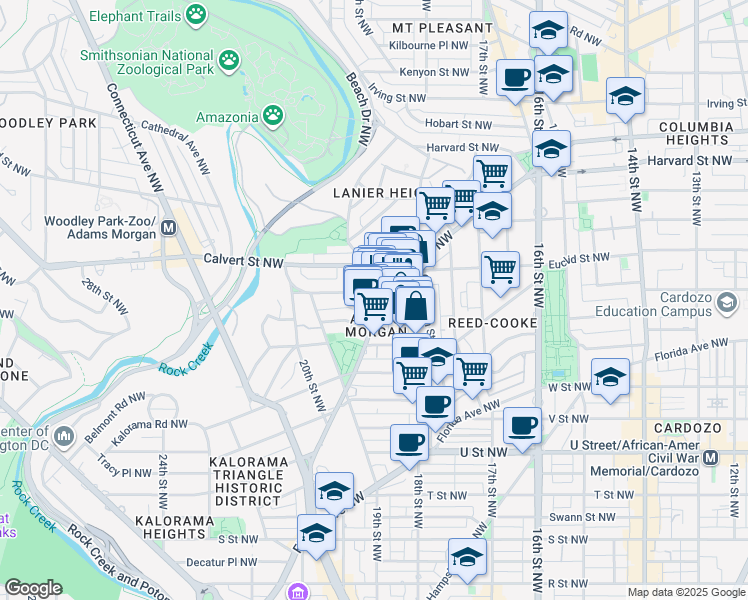 map of restaurants, bars, coffee shops, grocery stores, and more near 1862 Mintwood Place Northwest in Washington