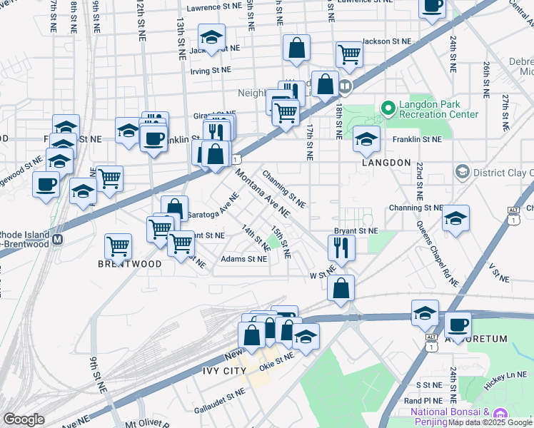map of restaurants, bars, coffee shops, grocery stores, and more near 1507 Downing Street Northeast in Washington