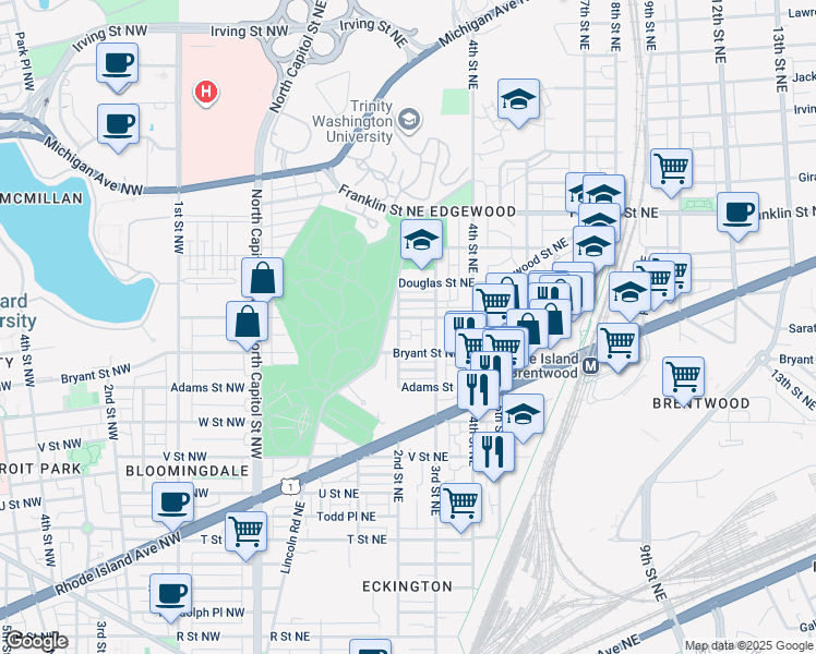 map of restaurants, bars, coffee shops, grocery stores, and more near 207 Channing Street Northeast in Washington