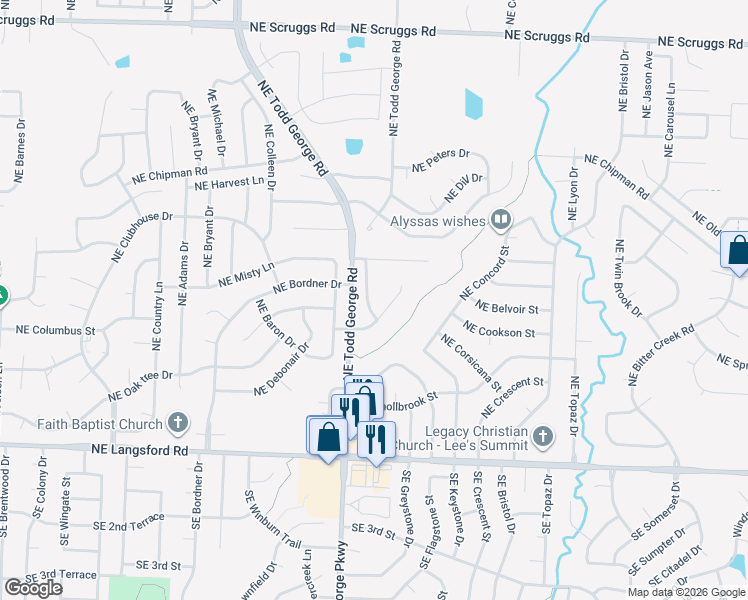 map of restaurants, bars, coffee shops, grocery stores, and more near 515 Northeast Mimosa Drive in Lee's Summit