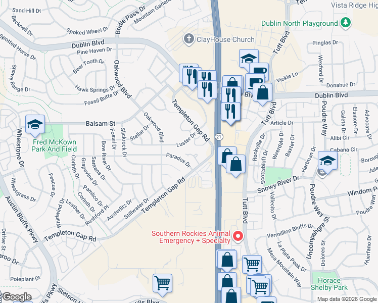 map of restaurants, bars, coffee shops, grocery stores, and more near 6195 Daylight Point in Colorado Springs