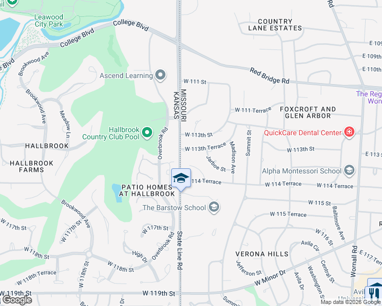 map of restaurants, bars, coffee shops, grocery stores, and more near 1111 West 113th Terrace in Kansas City
