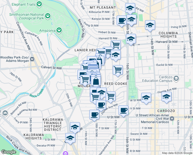 map of restaurants, bars, coffee shops, grocery stores, and more near 2386 Champlain Street Northwest in Washington