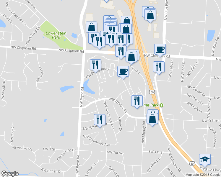 map of restaurants, bars, coffee shops, grocery stores, and more near 512 Northwest Hope Lane in Lee's Summit