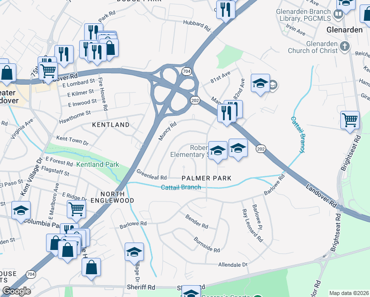 map of restaurants, bars, coffee shops, grocery stores, and more near 7711 Oxman Road in Greater Landover
