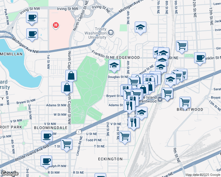 map of restaurants, bars, coffee shops, grocery stores, and more near 207 Channing Street Northeast in Washington