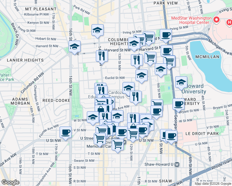 map of restaurants, bars, coffee shops, grocery stores, and more near 101 Independence Avenue Southeast in Washington