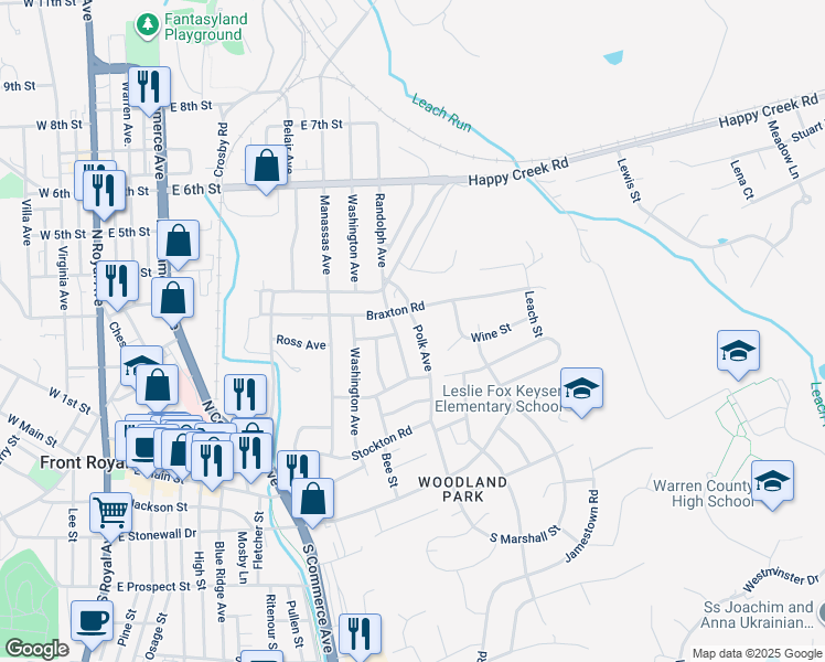 map of restaurants, bars, coffee shops, grocery stores, and more near 226 Polk Avenue in Front Royal