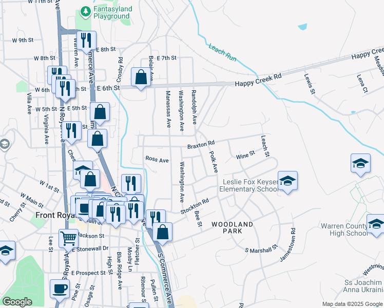map of restaurants, bars, coffee shops, grocery stores, and more near 708 Ross Avenue in Front Royal