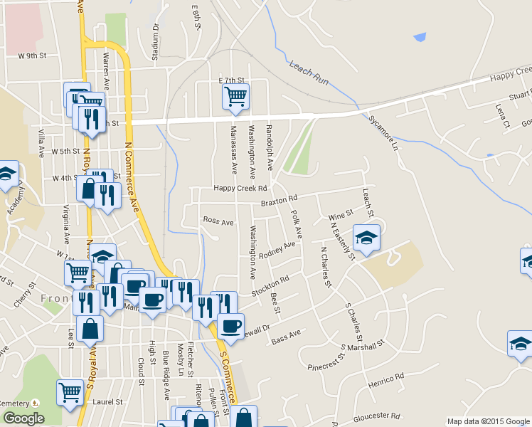 map of restaurants, bars, coffee shops, grocery stores, and more near 708 Ross Avenue in Front Royal