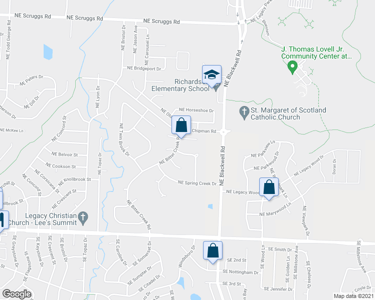 map of restaurants, bars, coffee shops, grocery stores, and more near 2508 Northeast Angel Fish Place in Lee's Summit