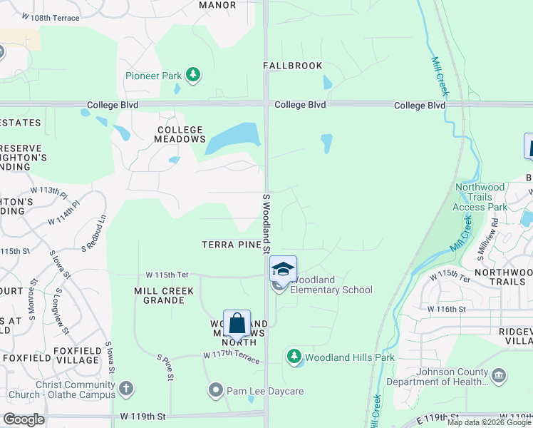 map of restaurants, bars, coffee shops, grocery stores, and more near 11377 Woodland Avenue in Olathe
