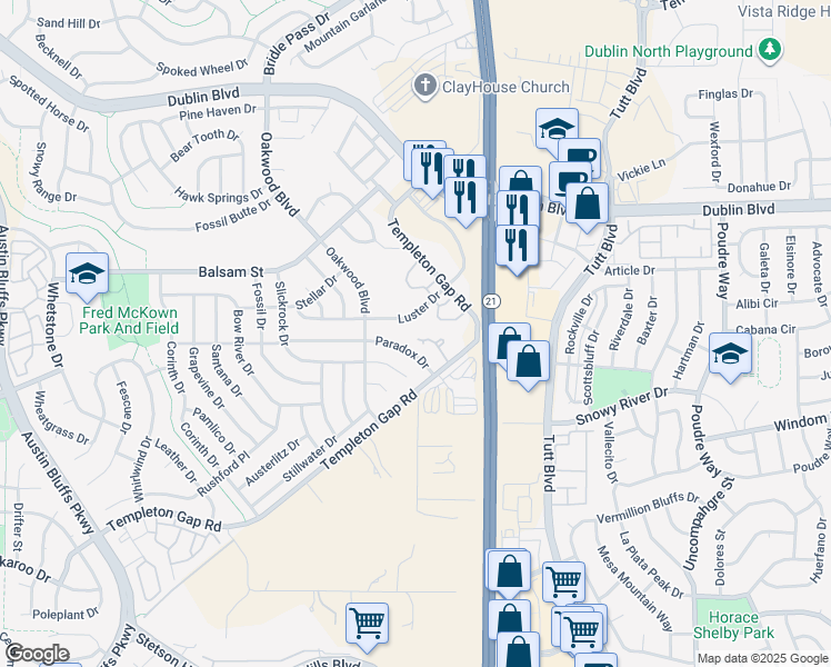 map of restaurants, bars, coffee shops, grocery stores, and more near 6195 Daylight Point in Colorado Springs