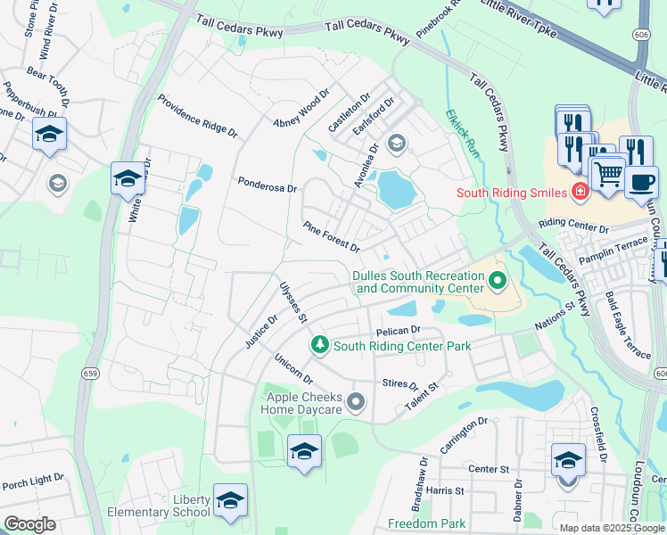 map of restaurants, bars, coffee shops, grocery stores, and more near 42466 Londontown Terrace in Chantilly