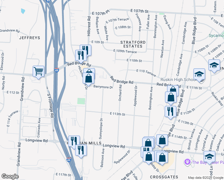 map of restaurants, bars, coffee shops, grocery stores, and more near 6007 Barrymore Drive in Kansas City