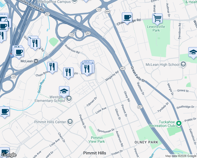 map of restaurants, bars, coffee shops, grocery stores, and more near 1769 Westwind Way in McLean