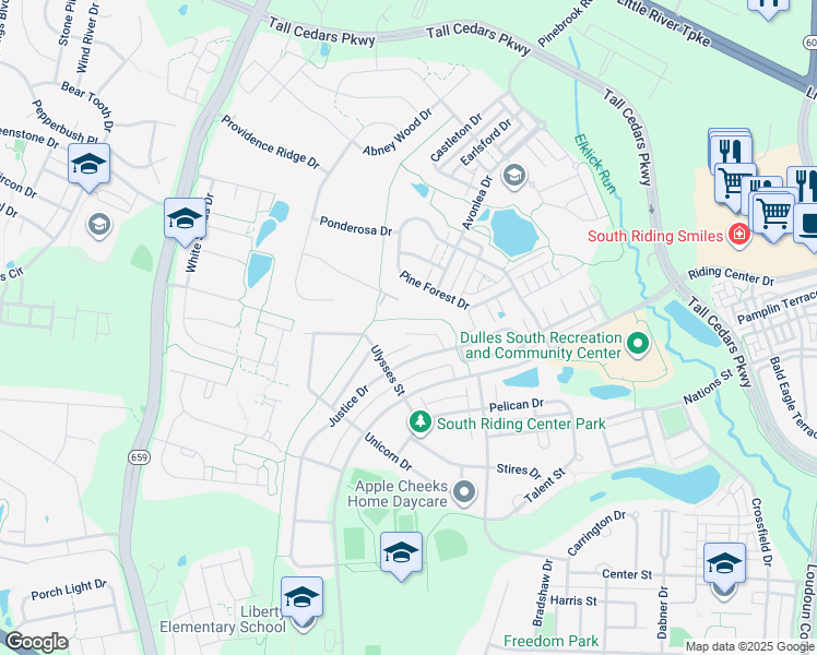 map of restaurants, bars, coffee shops, grocery stores, and more near 42450 Londontown Terrace in South Riding