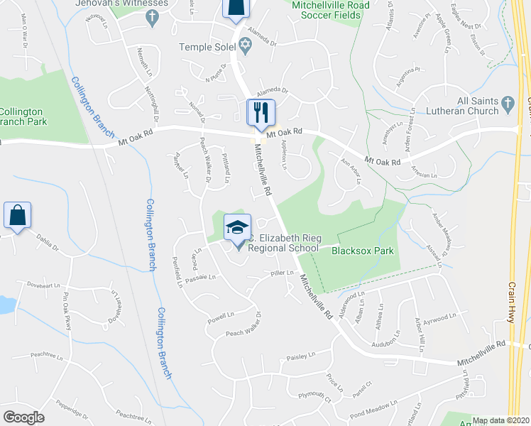 map of restaurants, bars, coffee shops, grocery stores, and more near 2378 Mitchellville Road in Bowie