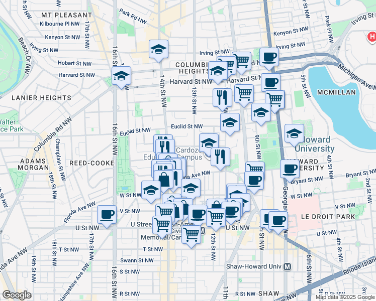 map of restaurants, bars, coffee shops, grocery stores, and more near 1308 Clifton Street Northwest in Washington