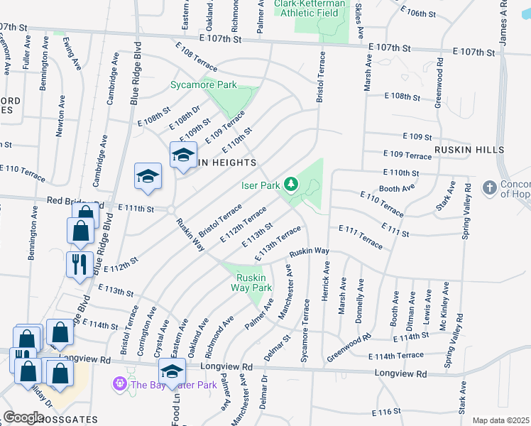 map of restaurants, bars, coffee shops, grocery stores, and more near 7711 East 112th Terrace in Kansas City