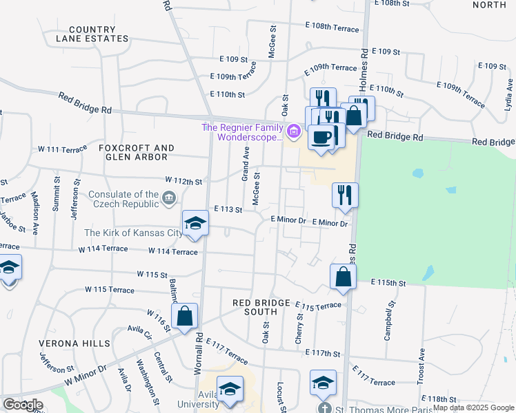 map of restaurants, bars, coffee shops, grocery stores, and more near 11241 McGee Street in Kansas City
