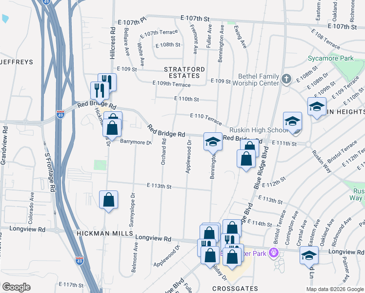 map of restaurants, bars, coffee shops, grocery stores, and more near 11108 Applewood Drive in Kansas City
