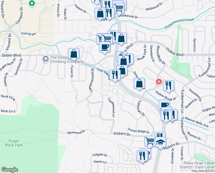 map of restaurants, bars, coffee shops, grocery stores, and more near 6236 Twin Oaks Drive in Colorado Springs