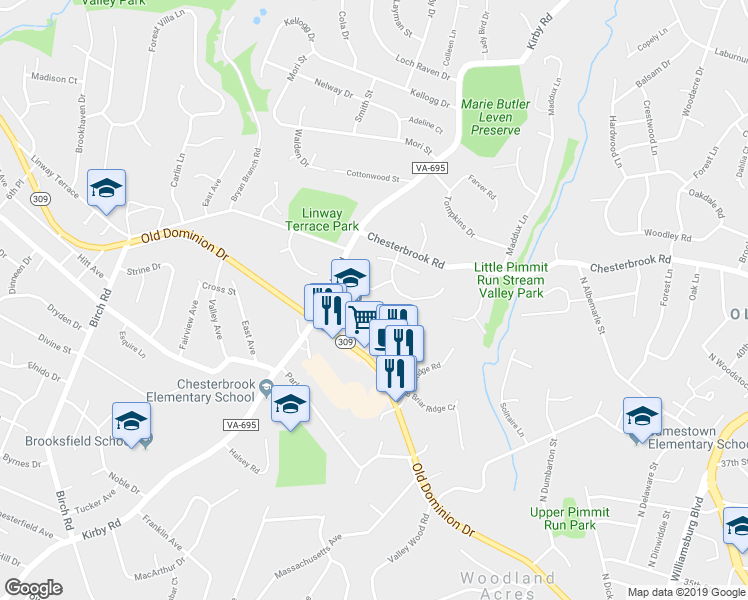 map of restaurants, bars, coffee shops, grocery stores, and more near 6217 Kilcullen Drive in McLean