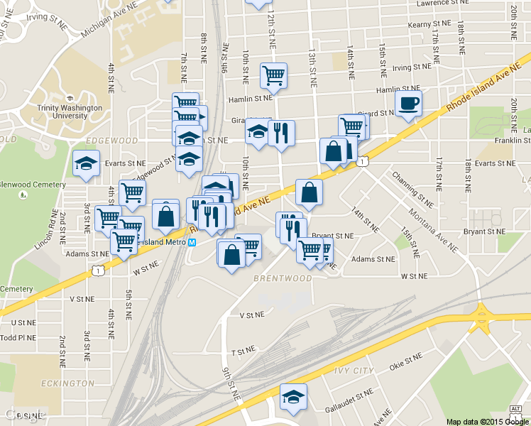 map of restaurants, bars, coffee shops, grocery stores, and more near 1012 Bryant St NE in Washington