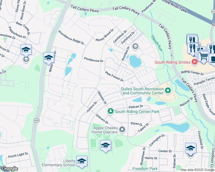 map of restaurants, bars, coffee shops, grocery stores, and more near 42450 Londontown Terrace in South Riding