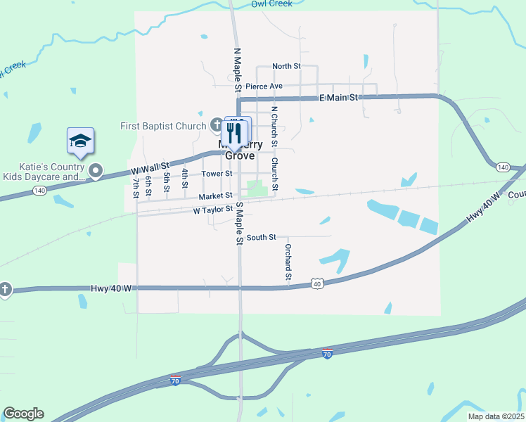 map of restaurants, bars, coffee shops, grocery stores, and more near 406 South Maple Street in Mulberry Grove