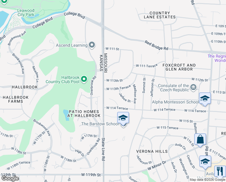 map of restaurants, bars, coffee shops, grocery stores, and more near 1111 West 113th Terrace in Kansas City