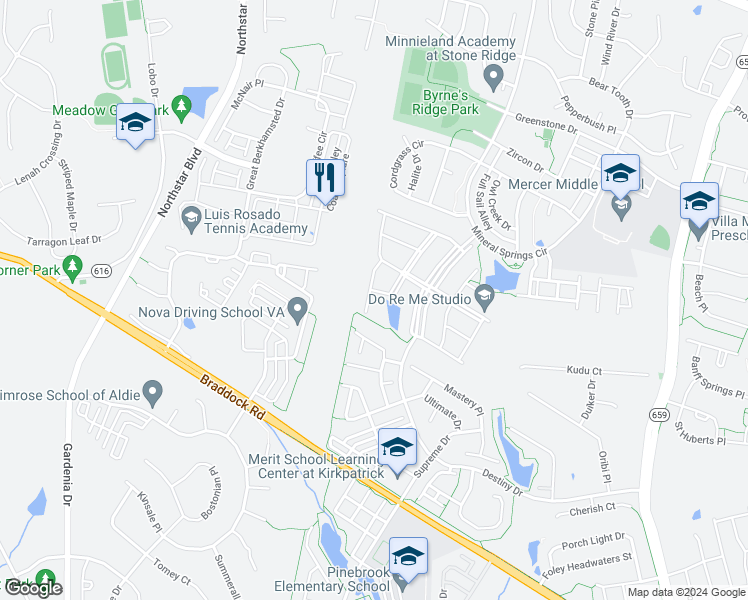 map of restaurants, bars, coffee shops, grocery stores, and more near 25142 Sweet Myrtle Square in Aldie
