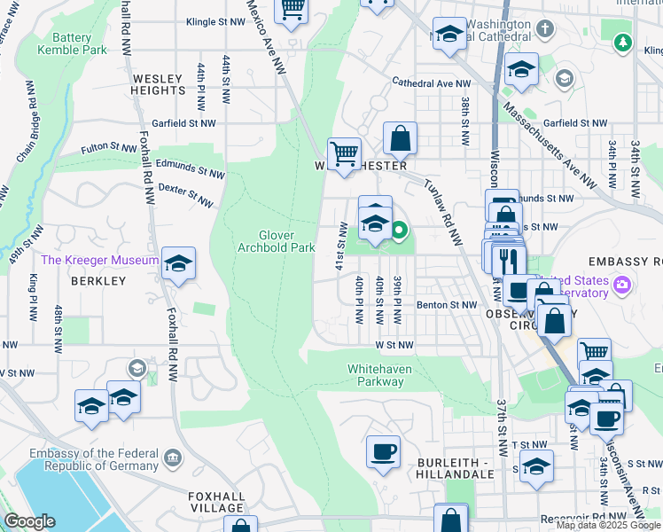 map of restaurants, bars, coffee shops, grocery stores, and more near 2400 41st Street Northwest in Washington