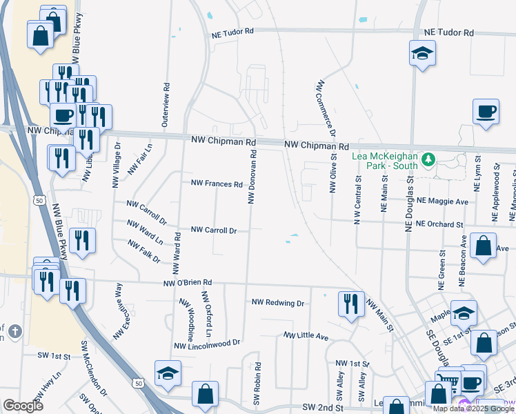 map of restaurants, bars, coffee shops, grocery stores, and more near 505 Northwest Donovan Road in Lee's Summit