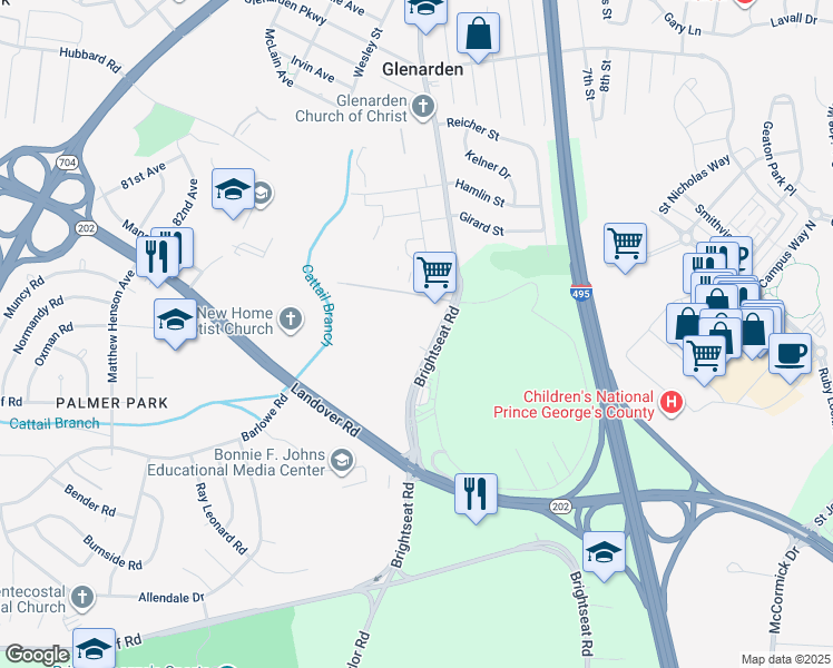 map of restaurants, bars, coffee shops, grocery stores, and more near 2402 Brightseat Road in Hyattsville